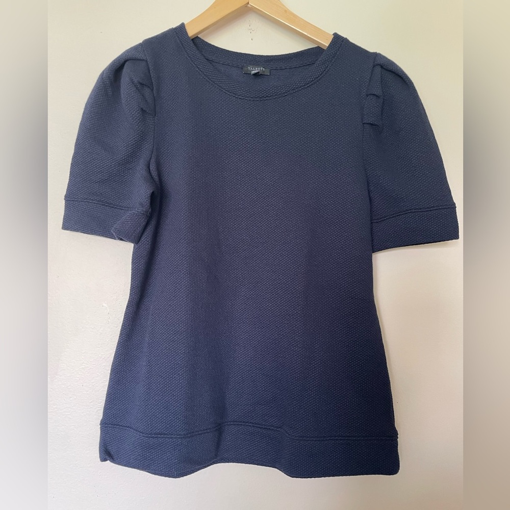 Talbots Navy Textured Short Sleeve Crew Neck Blouse Puffy Statement Sleeves Sz S